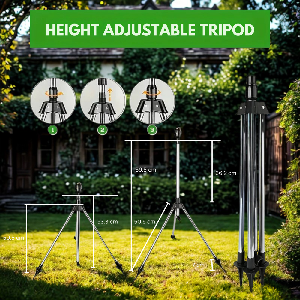 AQUASPIN – Adjustable Stainless Steel Rotating Sprinkler with Tripod