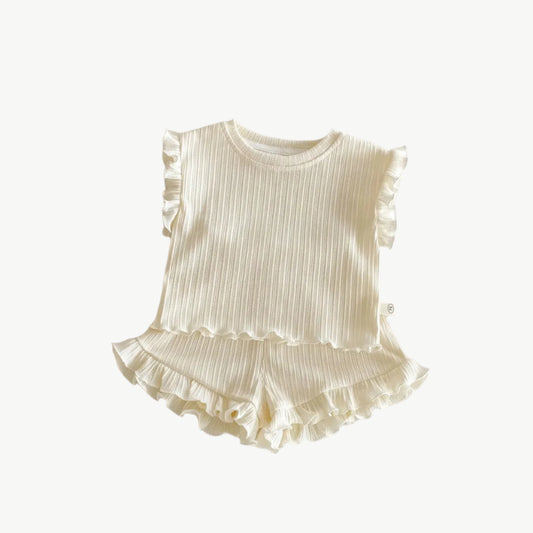 Bio - Baumwoll - Shorts - Set für Kinder mit Rüschen – Bequem & Umweltfreundlich - Mayfair ModaHellbeige3 - 6M